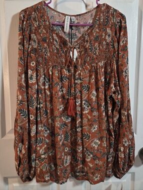 Grace Karina Burnt Orange Floral Smocked Peasant Tunic with Tassel